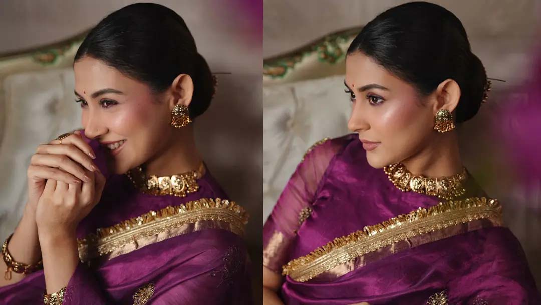 এবার বেগুনি রঙের শাড়িতে নতুন রূপসজ্জায় মেহজাবীন