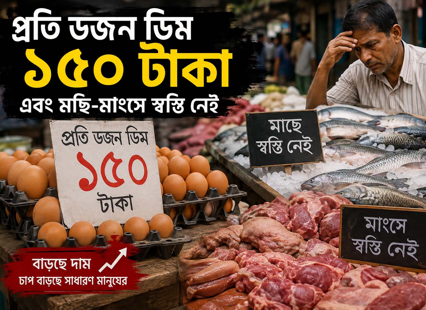 প্রতি ডজন ডিম ১৫০ টাকা এবং মাছ-মাংসে স্বস্তি নেই