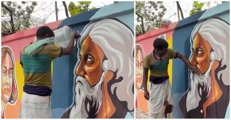 রবীন্দ্রনাথের গ্রাফিতিতে দেয়া কালি মুছে ভাইরাল রিকশাচালক